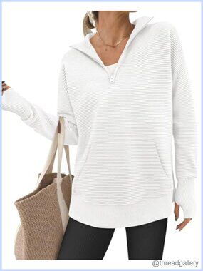 Women Quarter Zip Ribbed Knit Oversized Sweater with Thumb Hole